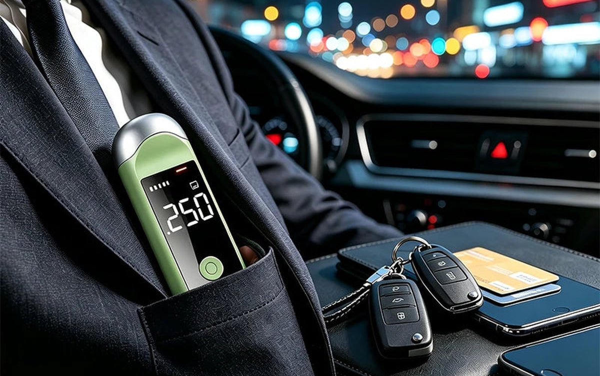 Éthylotest ETHYLGO vert sauge dans la poche d'une veste, clés de voiture posées à côté